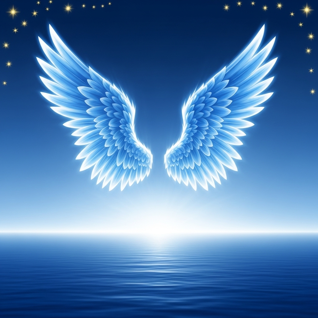 Dos alas de ángel brillantes y de color azul celeste flotando sobre un mar azul. Las alas, emplumadas y detalladas, parecen emanar luz propia. El mar se extiende horizontalmente con suaves ondulaciones. En la parte superior de la imagen, pequeñas estrellas doradas están esparcidas irregularmente, unas a la izquierda y otras a la derecha. El cielo en el fondo varía de un azul más oscuro en la parte superior a un blanco brillante cerca del horizonte, donde el cielo se encuentra con el mar.