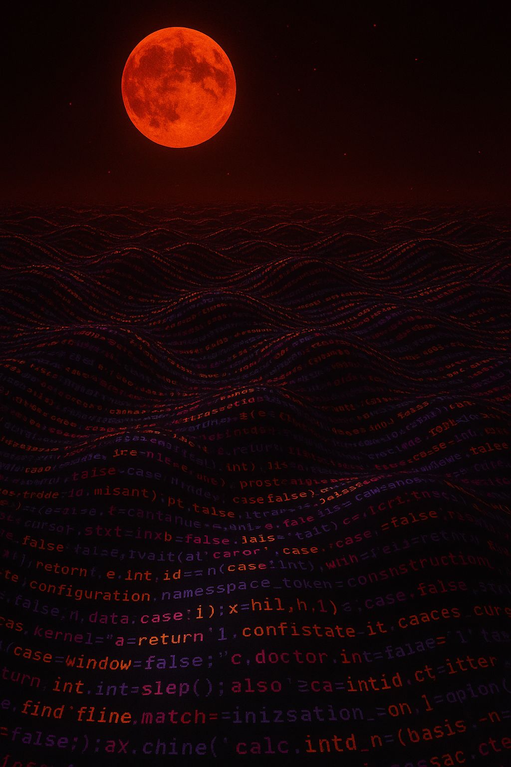 La imagen muestra un paisaje nocturno con una gran luna roja brillante en el cielo, iluminando un océano formado por líneas de código entrelazadas que brillan tenuemente en colores rojo, púrpura y azul. Las olas digitales se extienden hasta el horizonte